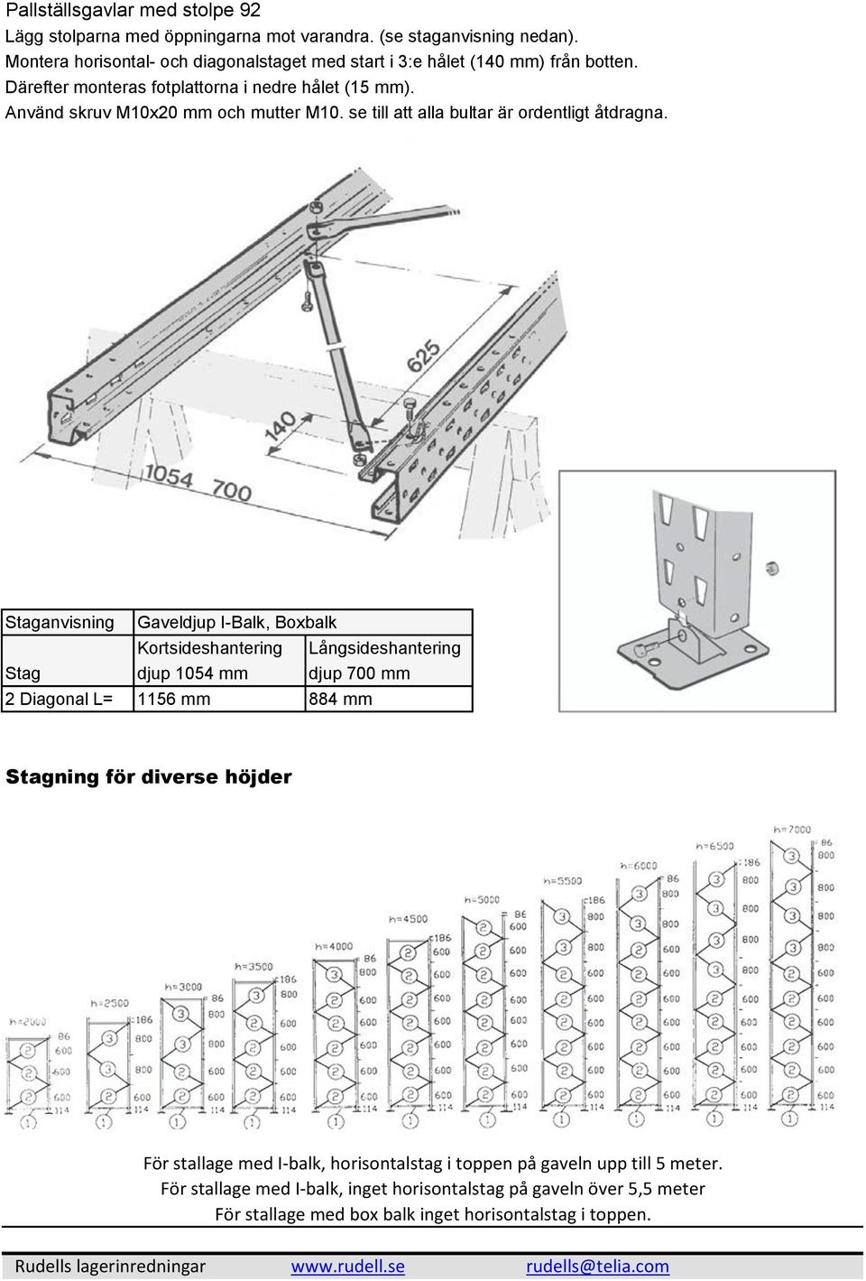 Staganvisning Stag 2 Diagonal L= Gaveldjup I-Balk, Boxbalk Kortsideshantering Långsideshantering djup 1054 mm djup 700 mm 1156 mm 884 mm Stagning för diverse höjder För stallage med