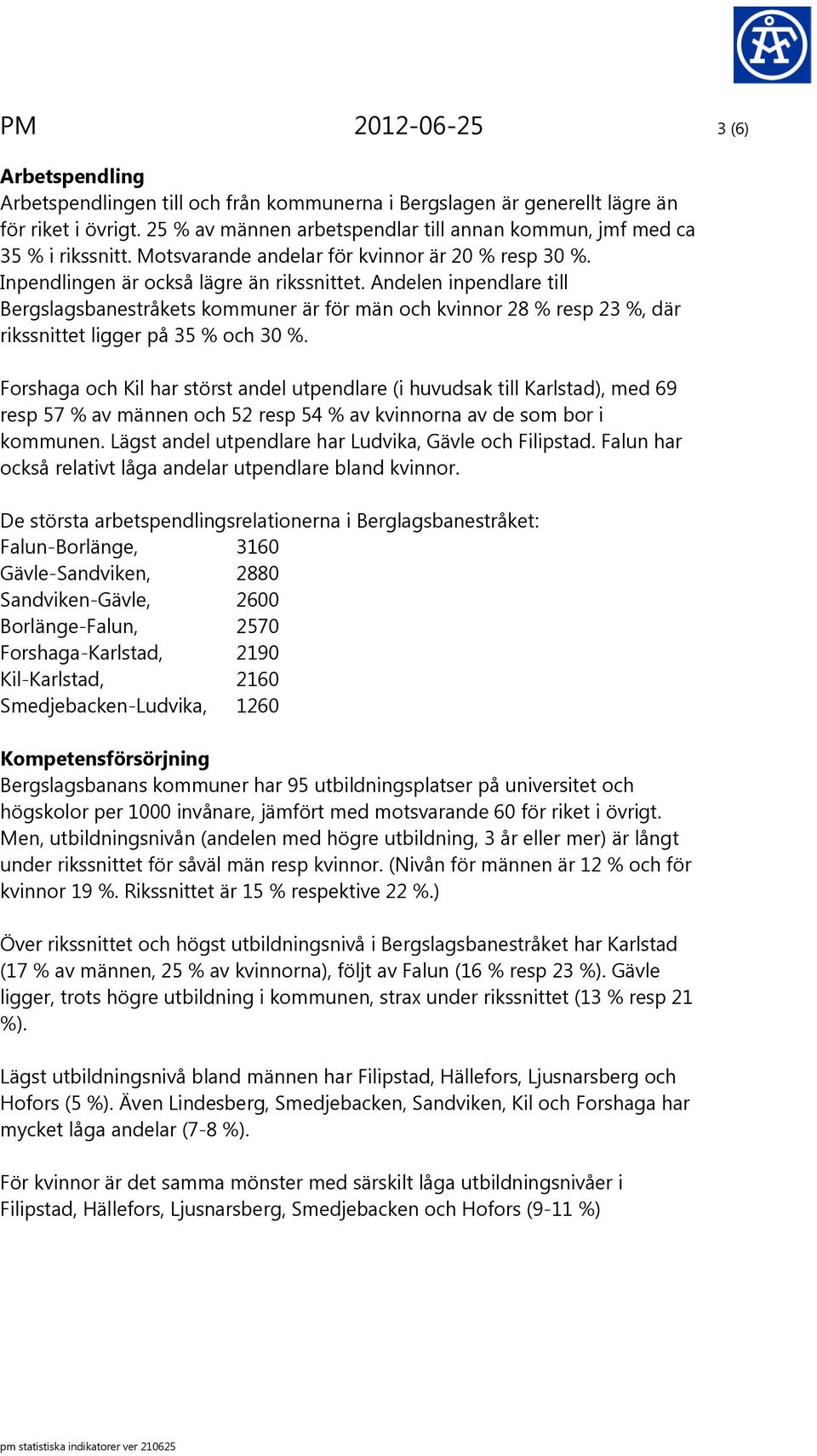 Andelen inpendlare till Bergslagsbanestråkets kommuner är för män och kvinnor 28 % resp 23 %, där rikssnittet ligger på 35 % och 30 %.