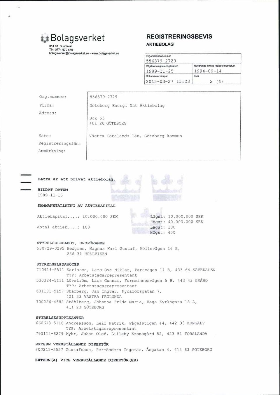 regisveringstlatum 1989-11-25 1994-09-14 Dokumentet skapat Side 2015-Q3-27 15:23 2 (4) Org.