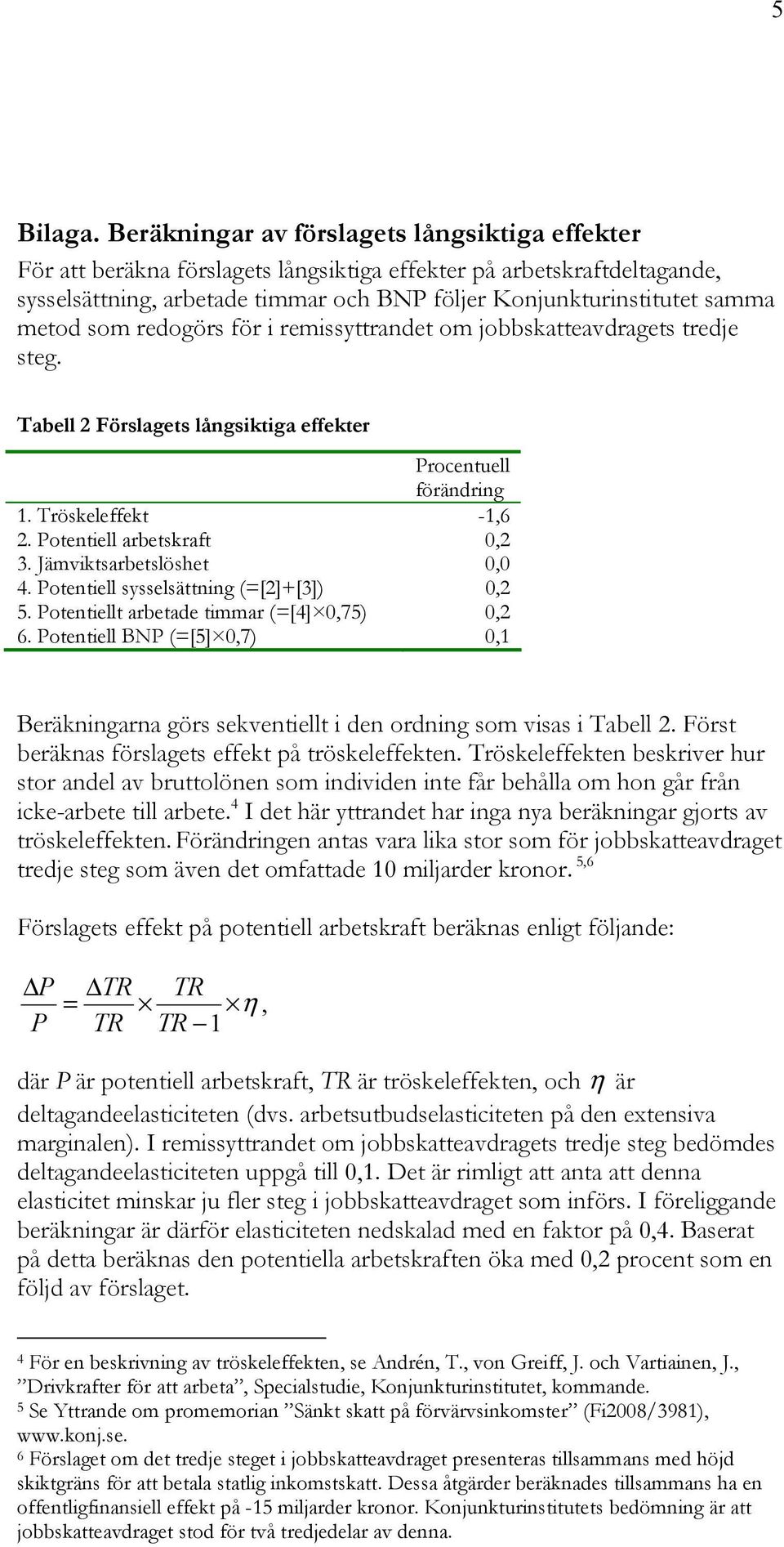 metod som redogörs för i remissyttrandet om jobbskatteavdragets tredje steg. Tabell 2 Förslagets långsiktiga effekter Procentuell förändring 1. Tröskeleffekt -1,6 2. Potentiell arbetskraft 0,2 3.