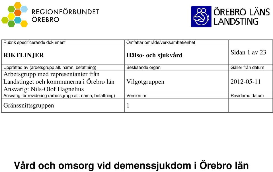 namn, befattning) Beslutande organ Gäller från datum Arbetsgrupp med representanter från Landstinget och kommunerna i