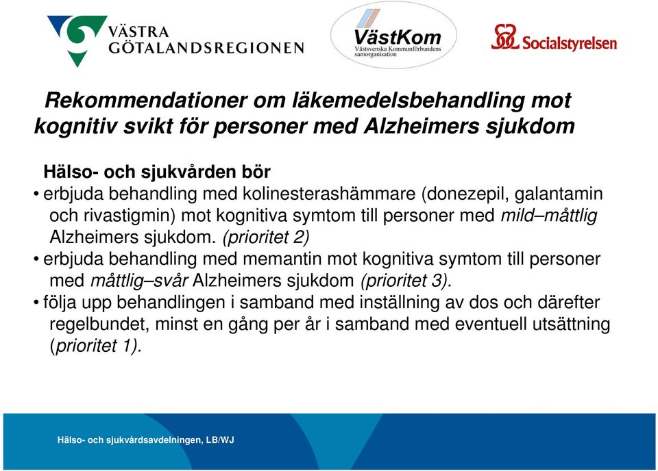 (prioritet 2) erbjuda behandling med memantin mot kognitiva symtom till personer med måttlig svår Alzheimers sjukdom (prioritet 3).