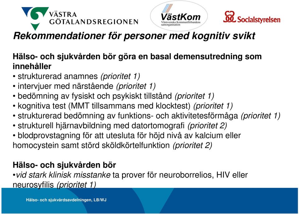 funktions- och aktivitetesförmåga (prioritet 1) strukturell hjärnavbildning med datortomografi (prioritet 2) blodprovstagning för att utesluta för höjd nivå av kalcium