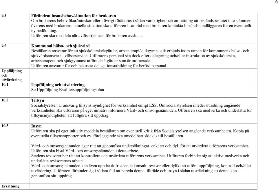 6 Kommunal hälso- och sjukvård Beställaren ansvarar för att sjuksköterskeåtgärder, arbetsterapi/sjukgymnastik erbjuds inom ramen för kommunens hälso- och sjukvårdsansvar i avlösarservice.