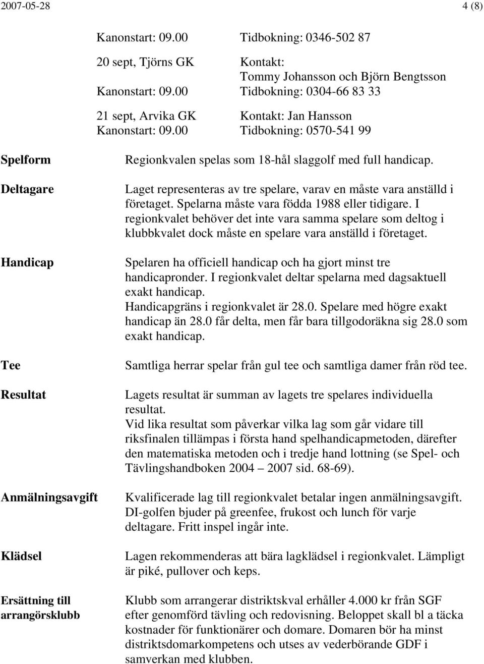 00 Tidbokning: 0570-541 99 Spelform Deltagare Handicap Tee Resultat Anmälningsavgift Klädsel Ersättning till arrangörsklubb Regionkvalen spelas som 18-hål slaggolf med full handicap.