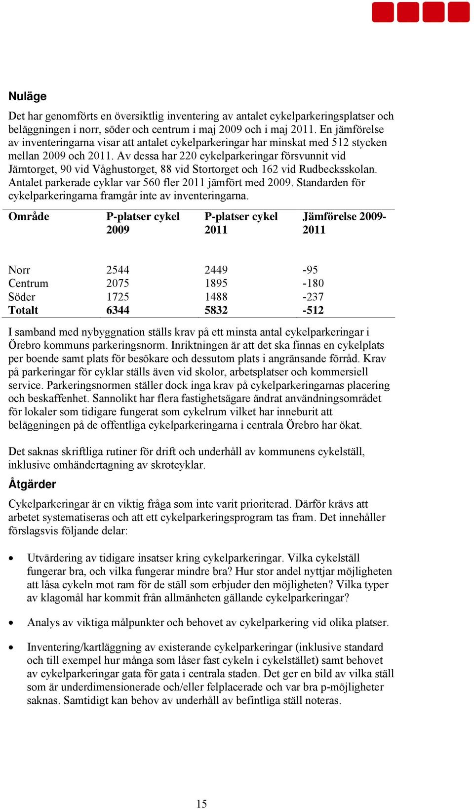 Av dessa har 220 cykelparkeringar försvunnit vid Järntorget, 90 vid Våghustorget, 88 vid Stortorget och 162 vid Rudbecksskolan. Antalet parkerade cyklar var 560 fler 2011 jämfört med 2009.