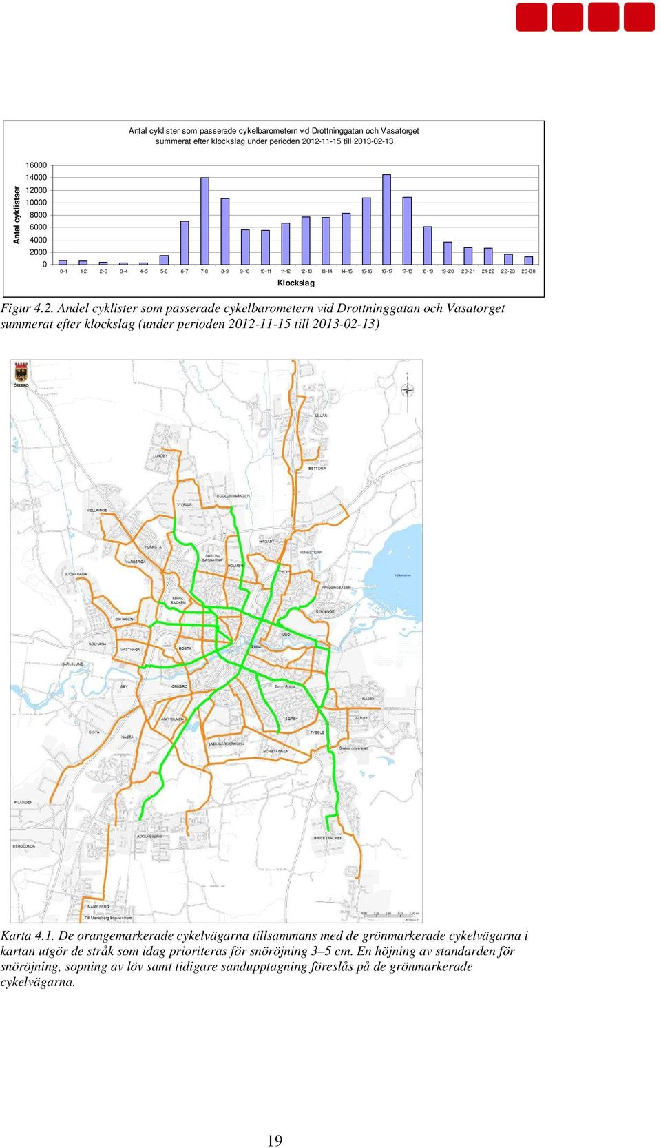 1. De orangemarkerade cykelvägarna tillsammans med de grönmarkerade cykelvägarna i kartan utgör de stråk som idag prioriteras för snöröjning 3 5 cm.