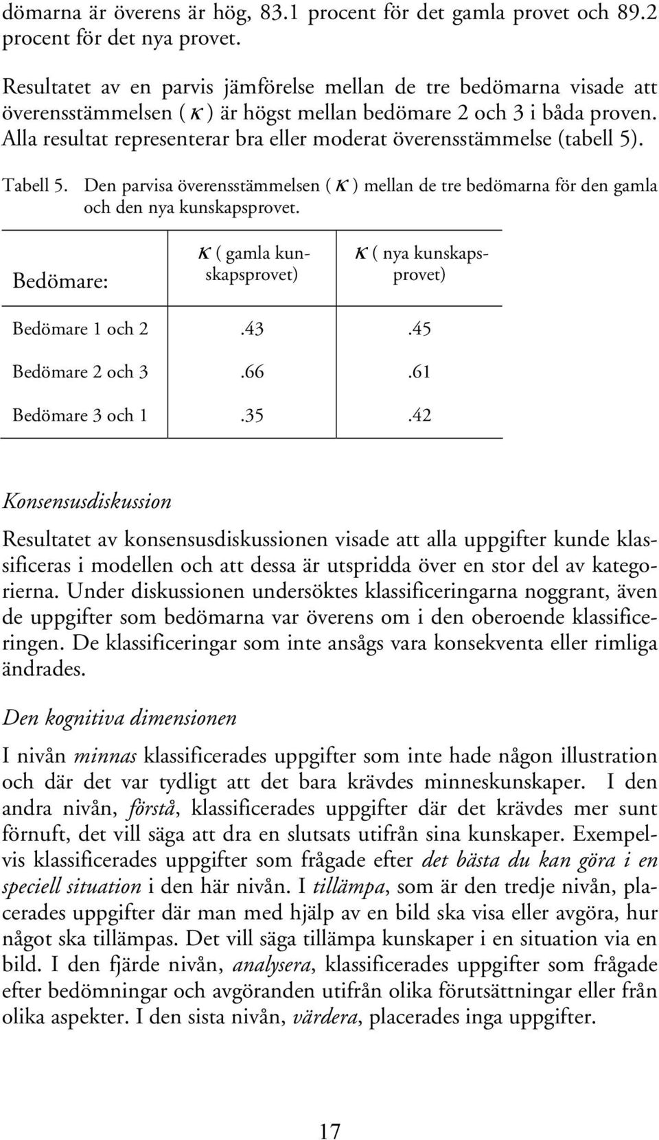 Alla resultat representerar bra eller moderat överensstämmelse (tabell 5). Tabell 5. Den parvisa överensstämmelsen (κ ) mellan de tre bedömarna för den gamla och den nya kunskapsprovet.