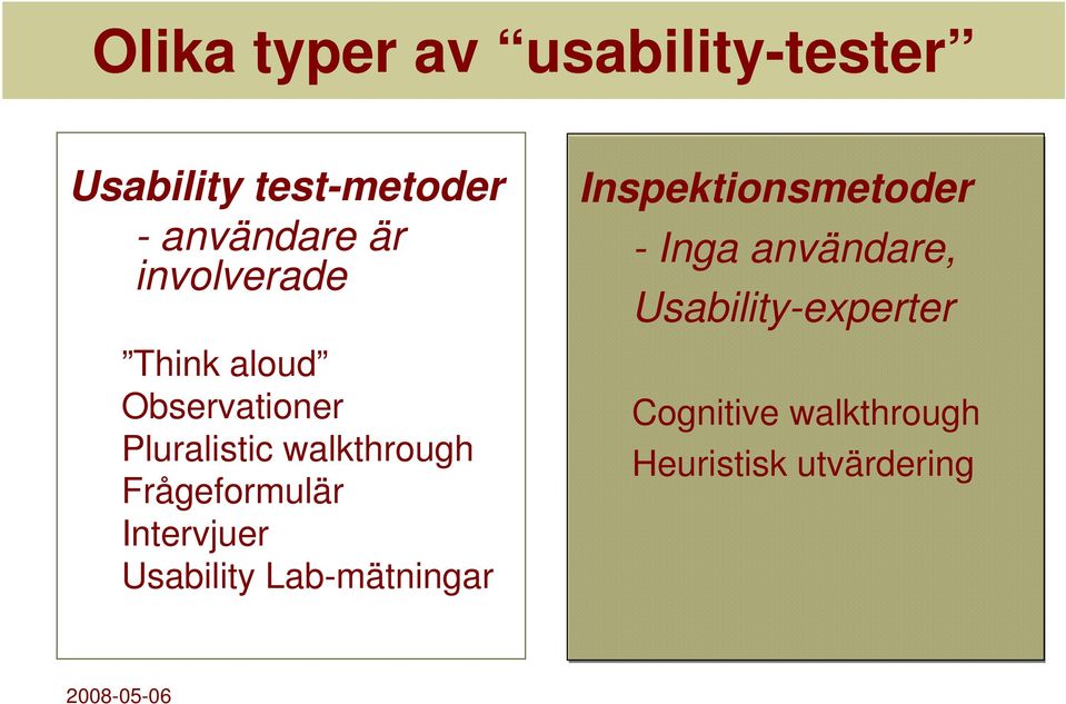 Frågeformulär Intervjuer Usability Lab-mätningar Inspektionsmetoder -
