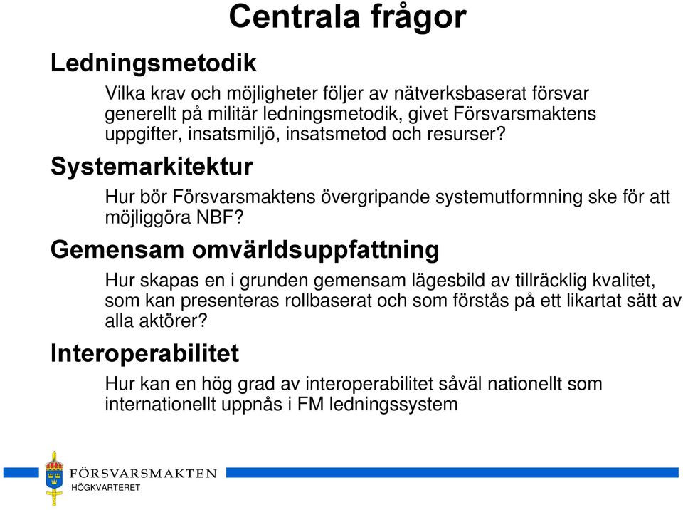 Systemarkitektur Hur bör Försvarsmaktens övergripande systemutformning ske för att möjliggöra NBF?