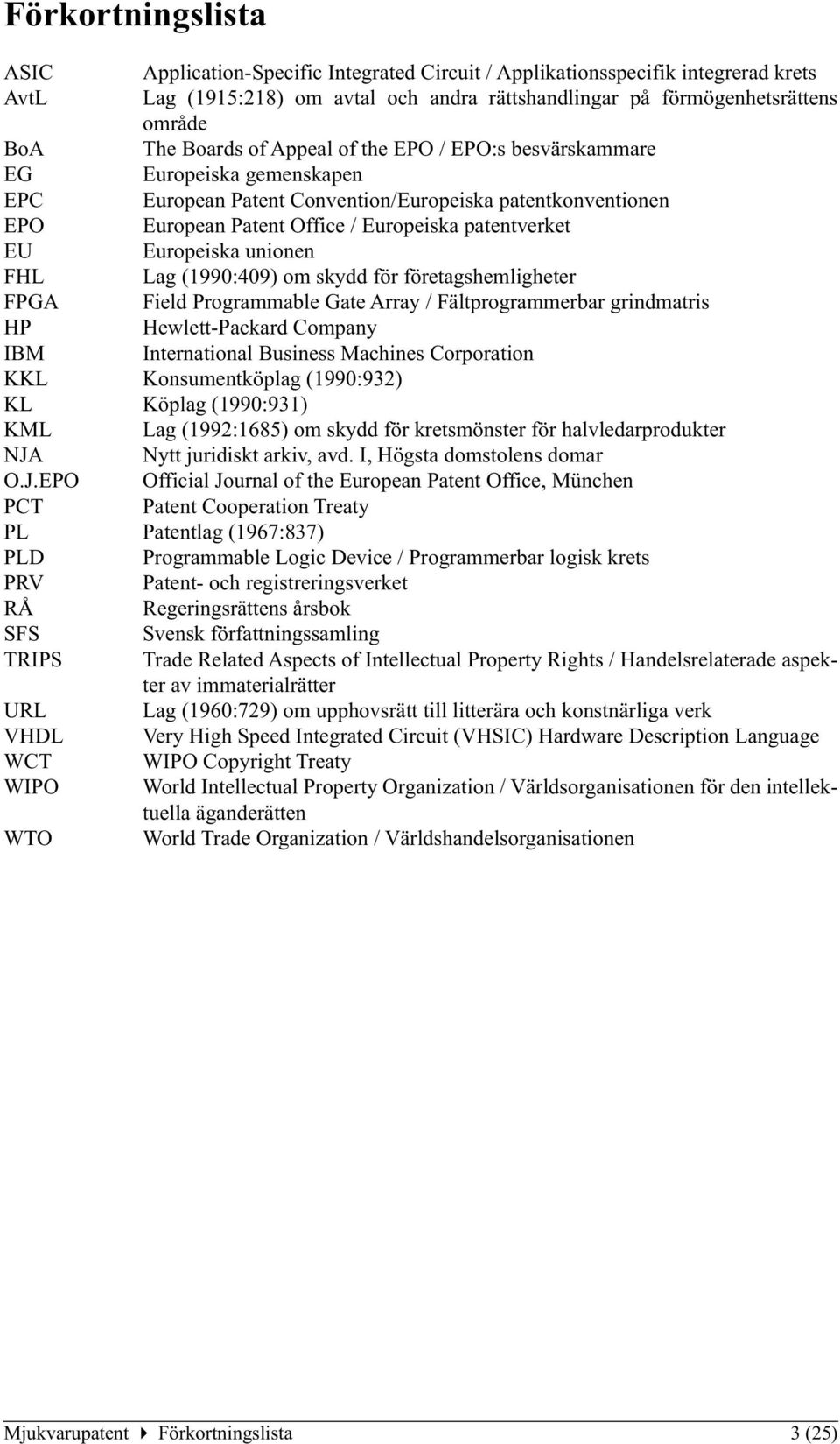 Europeiska unionen FHL Lag (1990:409) om skydd för företagshemligheter FPGA Field Programmable Gate Array / Fältprogrammerbar grindmatris HP Hewlett-Packard Company IBM International Business