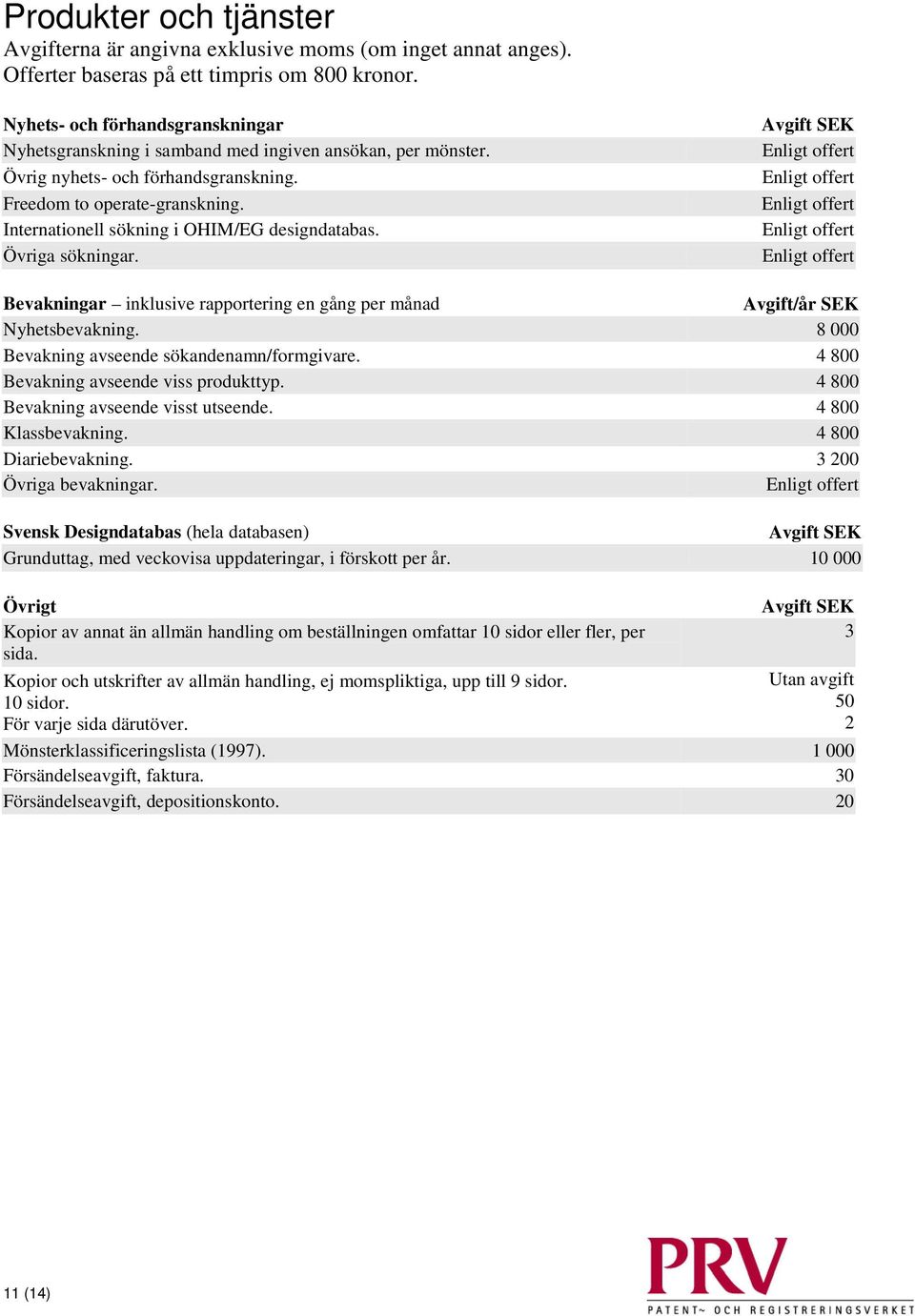 Internationell sökning i OHIM/EG designdatabas. Övriga sökningar. Bevakningar inklusive rapportering en gång per månad Avgift/år SEK Nyhetsbevakning. 8 000 Bevakning avseende sökandenamn/formgivare.