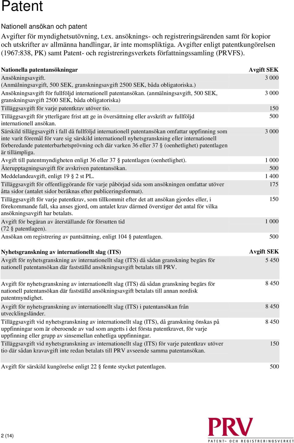 3 000 (Anmälningsavgift, 500 SEK, granskningsavgift 2500 SEK, båda obligatoriska.) Ansökningsavgift för fullföljd internationell patentansökan.