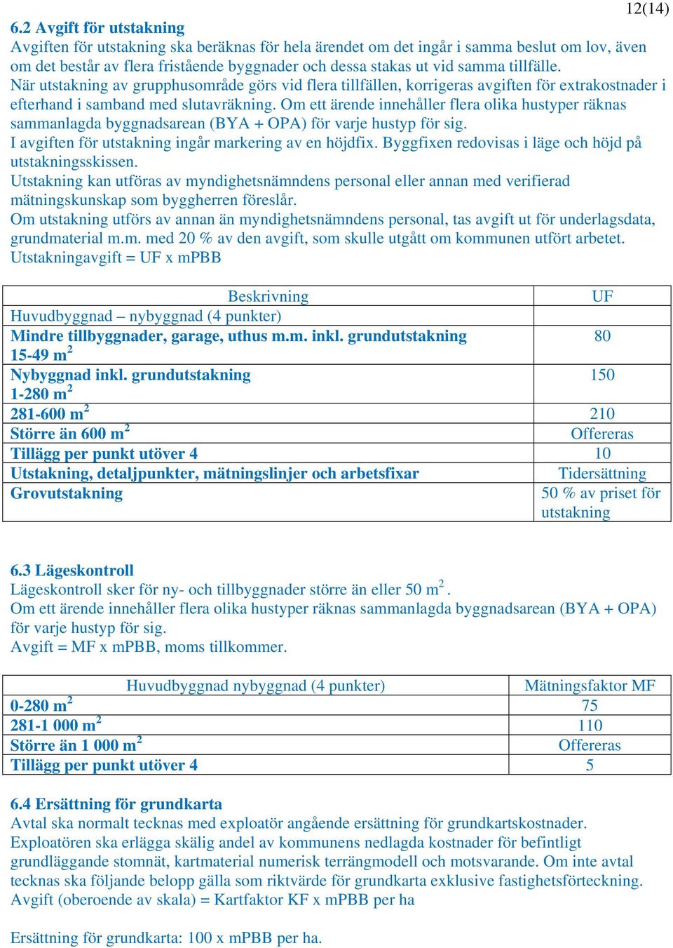 tillfälle. När utstakning av grupphusområde görs vid flera tillfällen, korrigeras avgiften för extrakostnader i efterhand i samband med slutavräkning.