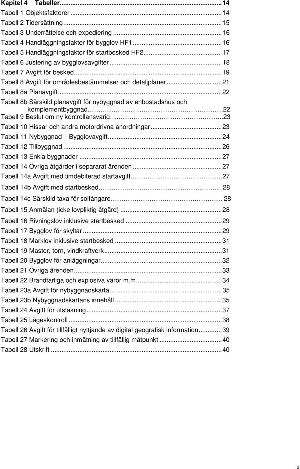 .. 21 Tabell 8a Planavgift... 22 Tabell 8b Särskild planavgift för nybyggnad av enbostadshus och komplementbyggnad 22 Tabell 9 Beslut om ny kontrollansvarig.