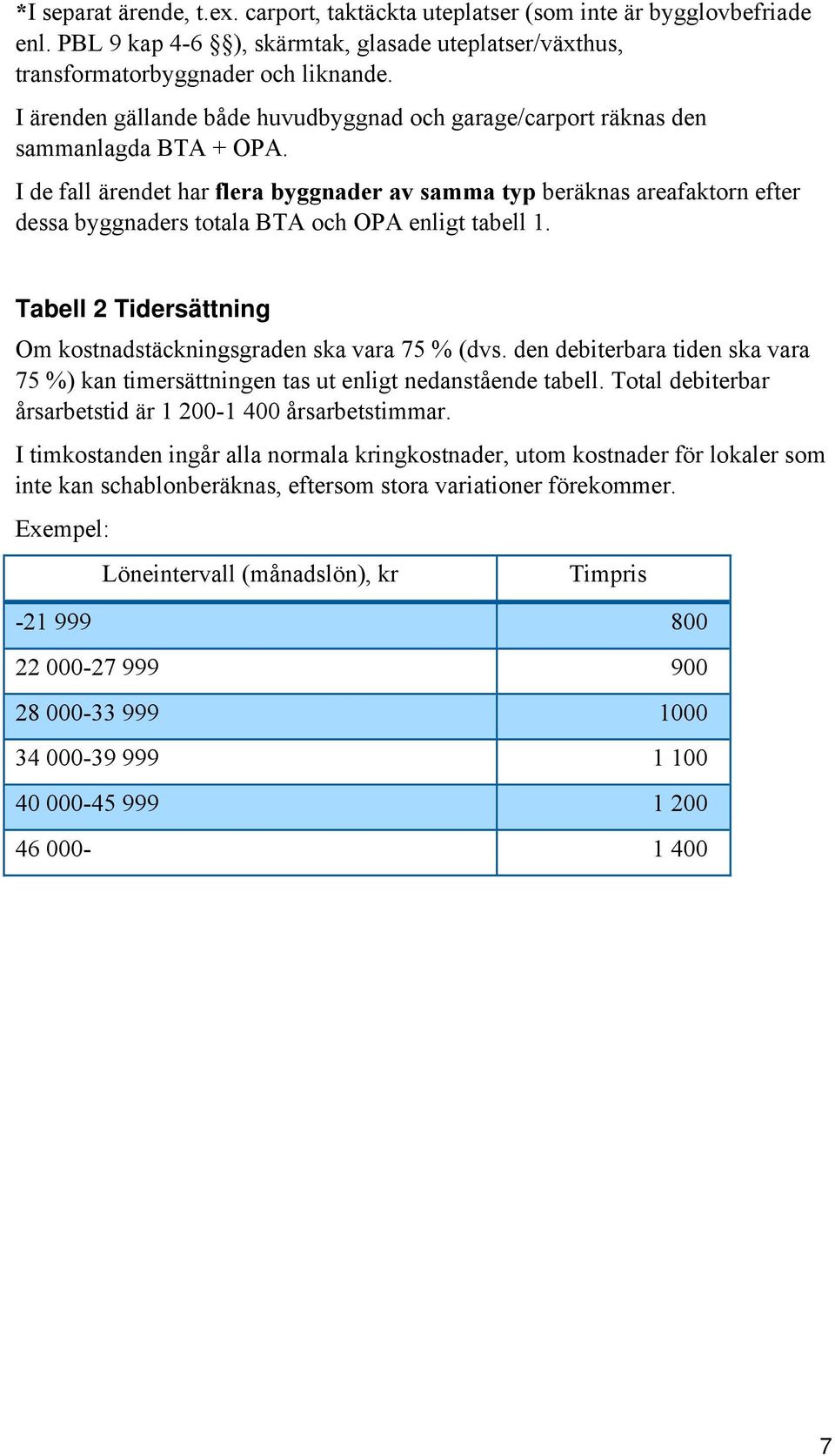 I de fall ärendet har flera byggnader av samma typ beräknas areafaktorn efter dessa byggnaders totala BTA och OPA enligt tabell 1. Tabell 2 Tidersättning Om kostnadstäckningsgraden ska vara 75 % (dvs.