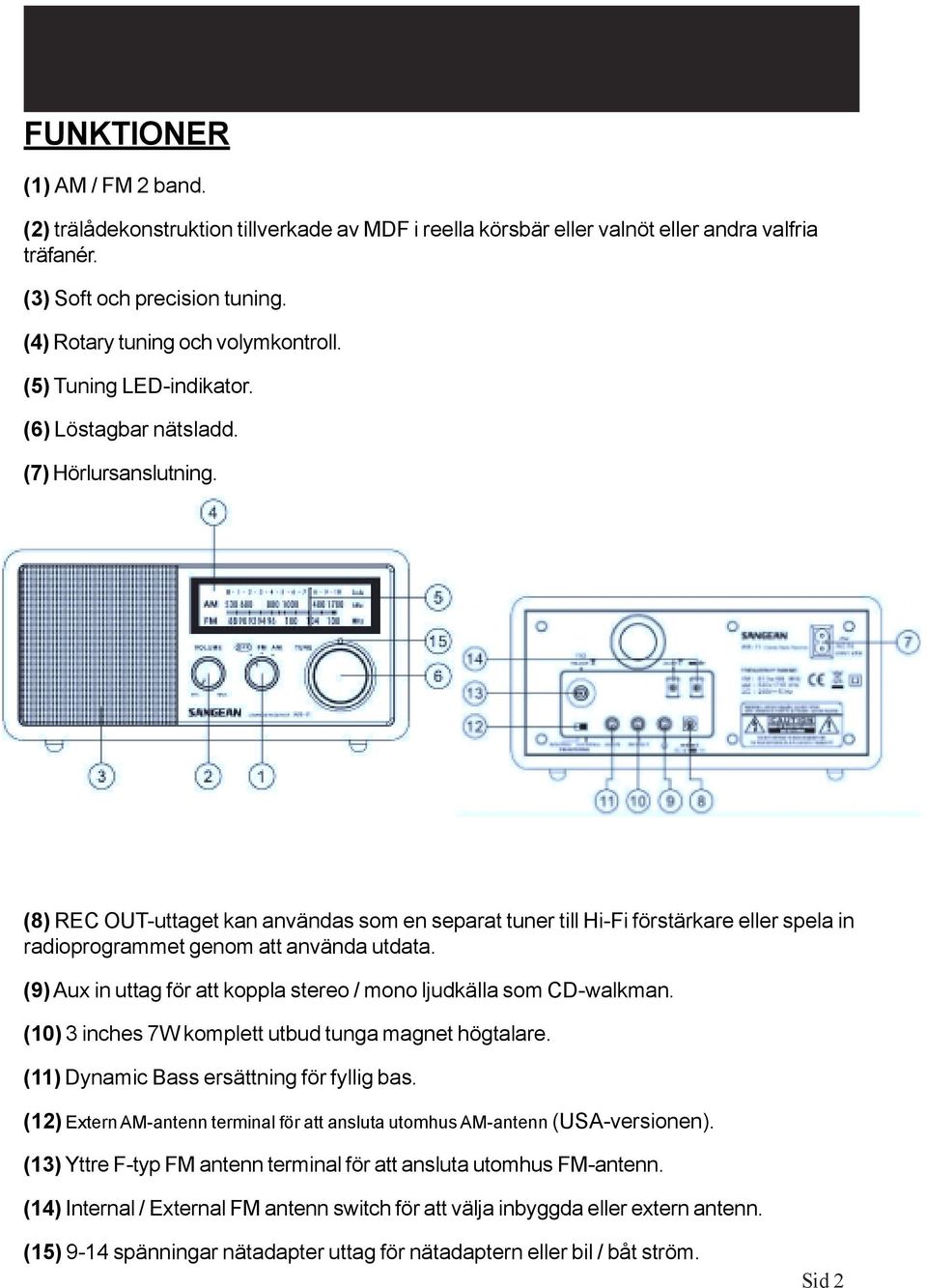(8) REC OUT-uttaget kan användas som en separat tuner till Hi-Fi förstärkare eller spela in radioprogrammet genom att använda utdata.