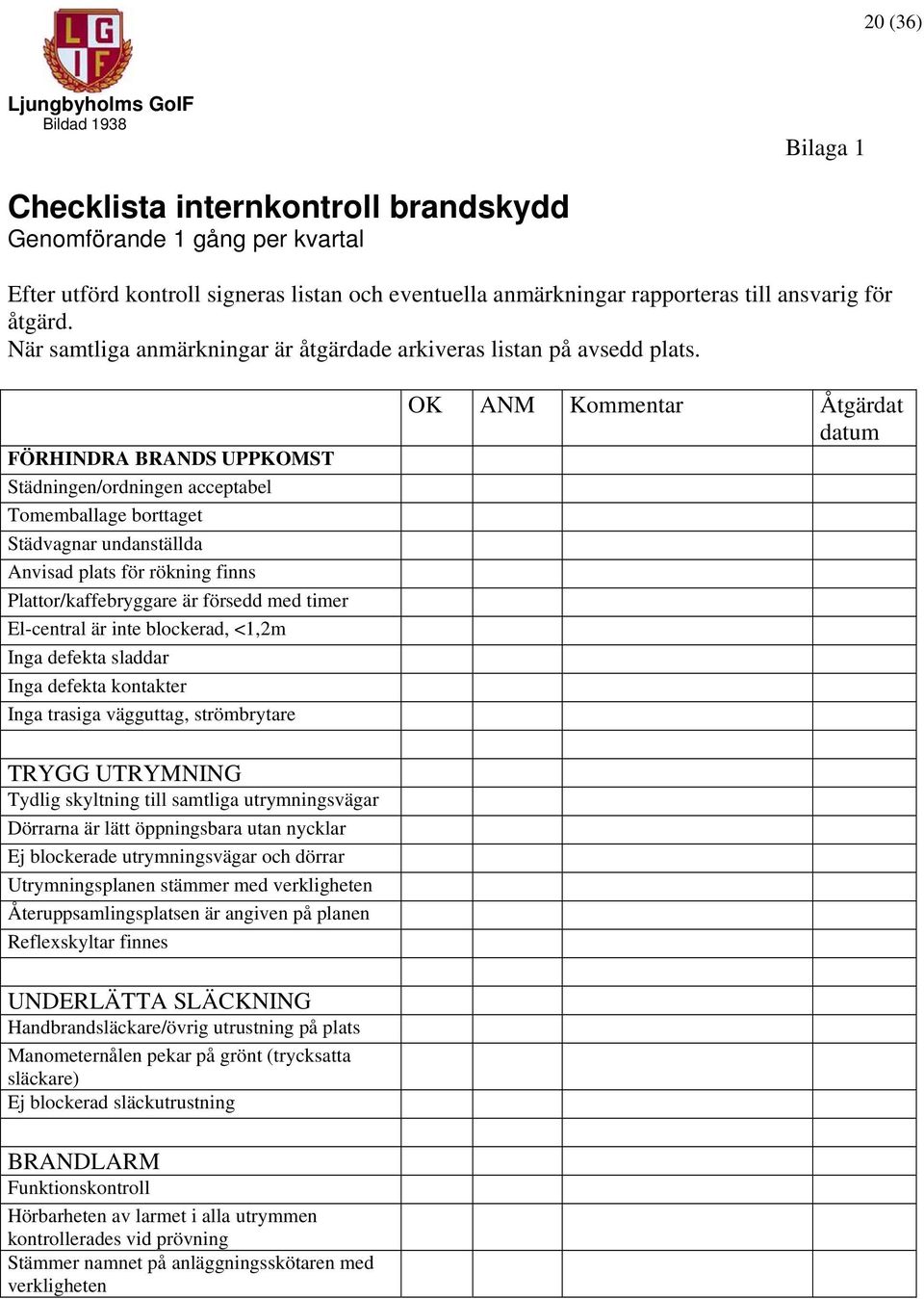 FÖRHINDRA BRANDS UPPKOMST Städningen/ordningen acceptabel Tomemballage borttaget Städvagnar undanställda Anvisad plats för rökning finns Plattor/kaffebryggare är försedd med timer El-central är inte