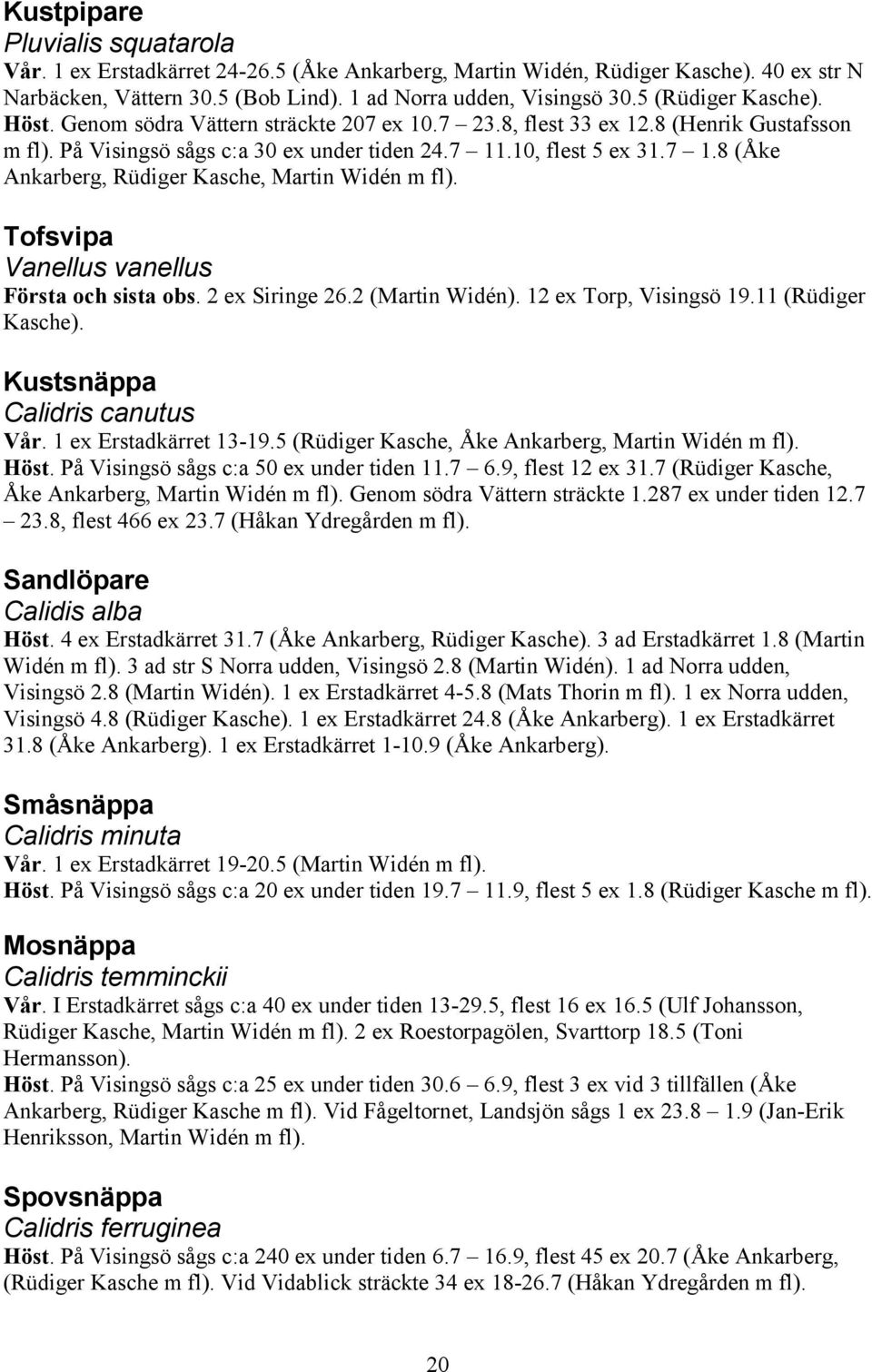 .10, flest 5 ex 31.7 1.8 (Åke Ankarberg, Rüdiger Kasche, Martin Widén m fl). Tofsvipa Vanellus vanellus Första och sista obs. 2 ex Siringe 26.2 (Martin Widén). 12 ex Torp, Visingsö 19.