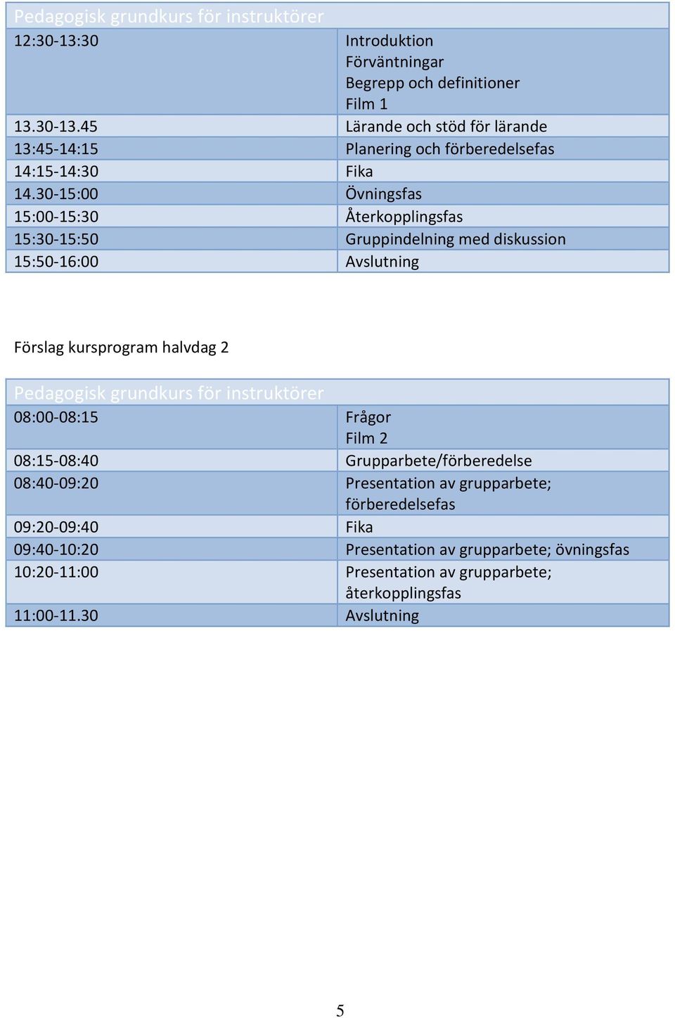 för instruktörer 08:00-08:15 Frågor Film 2 08:15-08:40 Grupparbete/förberedelse 08:40-09:20 Presentation av grupparbete; förberedelsefas 09:20-09:40 Fika 09:40-10:20