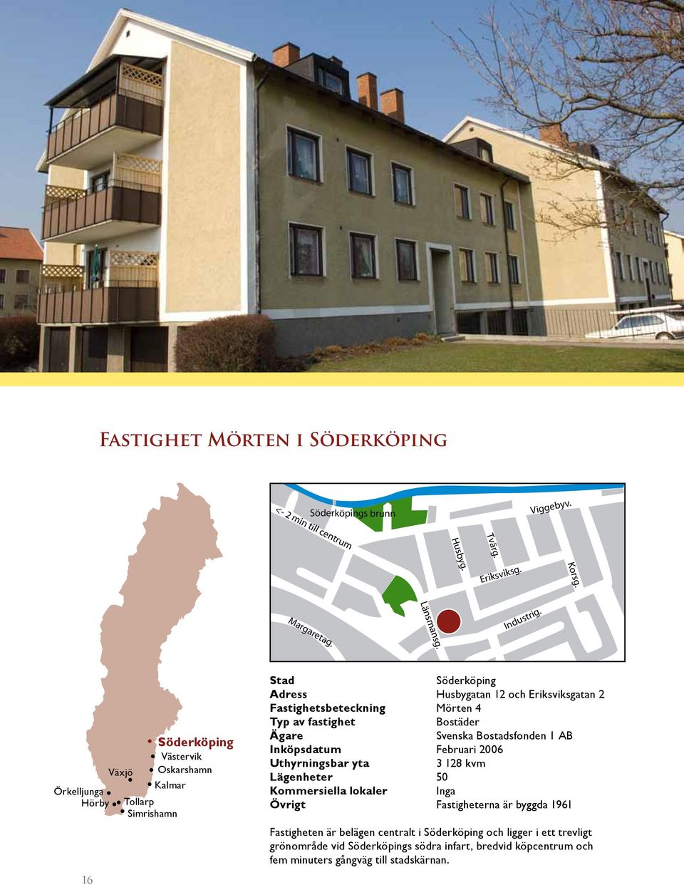 fastighet Bostäder Ägare Svenska Bostadsfonden 1 AB Inköpsdatum Februari 2006 Uthyrningsbar yta 3 128 kvm Lägenheter 50 Kommersiella lokaler Inga Övrigt