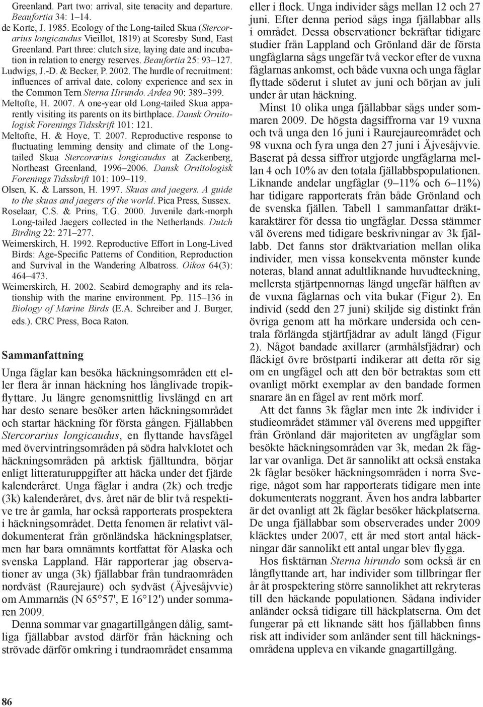 Beaufortia 25: 93 127. Ludwigs, J.-D. & Becker, P. 2002. The hurdle of recruitment: influences of arrival date, colony experience and sex in the Common Tern Sterna Hirundo. Ardea 90: 389 399.