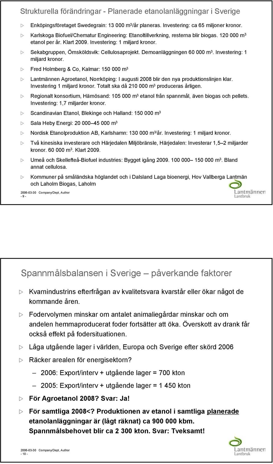 Demoanläggningen 60 000 m 3. Investering: 1 miljard kronor. Fred Holmberg & Co, Kalmar: 150 000 m 3 Lantmännen Agroetanol, Norrköping: I augusti 2008 blir den nya produktionslinjen klar.