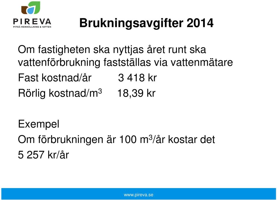 kostnad/år 3 418 kr Rörlig kostnad/m 3 18,39 kr Exempel Om