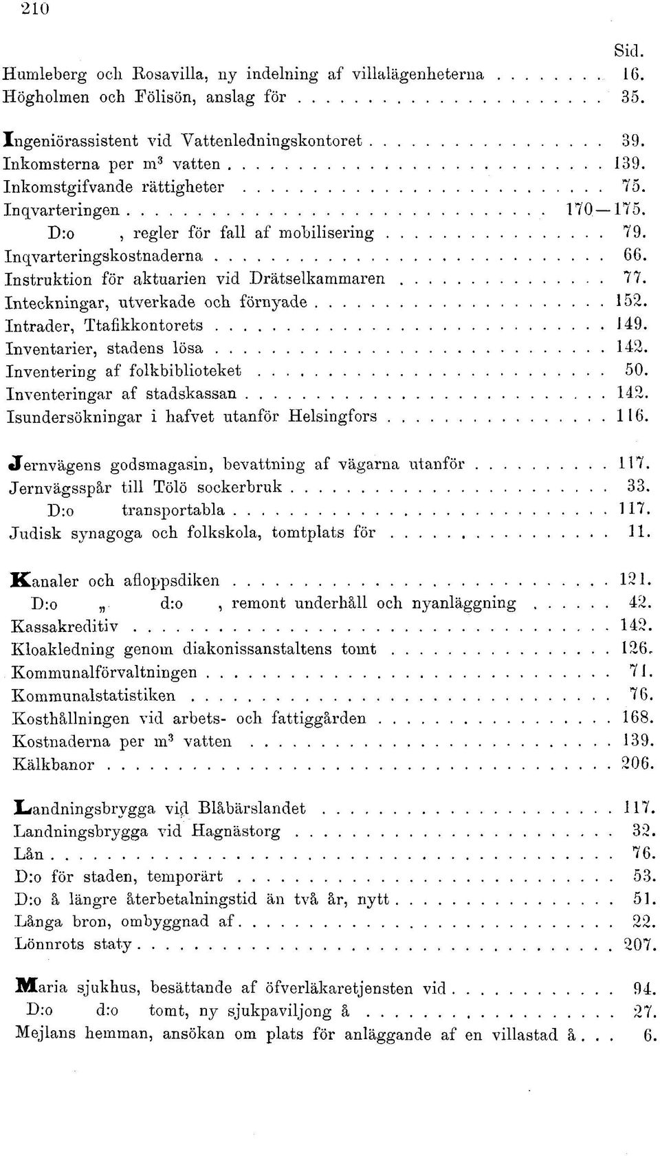 Inteckningar, utverkade och förnyade 152. Intrader, Ttafikkontorets. 149. Inventarier, stadens lösa 142. Inventering af folkbiblioteket 50. Inventeringar af stadskassan 142.