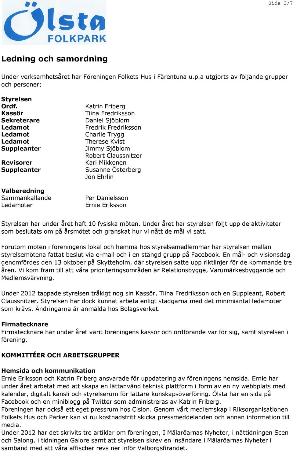 Therese Kvist Jimmy Sjöblom Robert Claussnitzer Kari Mikkonen Susanne Österberg Jon Ehrlin Per Danielsson Ernie Eriksson Styrelsen har under året haft 10 fysiska möten.