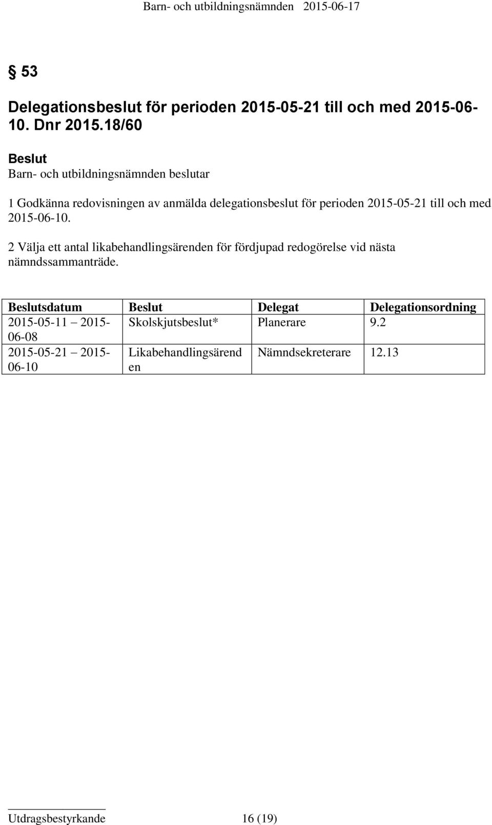 till och med 2015-06-10. 2 Välja ett antal likabehandlingsärenden för fördjupad redogörelse vid nästa nämndssammanträde.