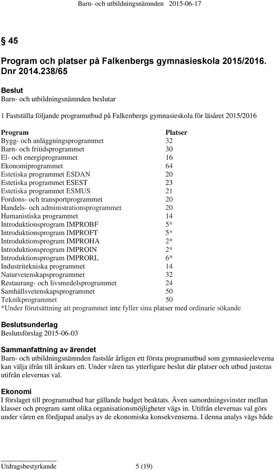 fritidsprogrammet 30 El- och energiprogrammet 16 Ekonomiprogrammet 64 Estetiska programmet ESDAN 20 Estetiska programmet ESEST 23 Estetiska programmet ESMUS 21 Fordons- och transportprogrammet 20