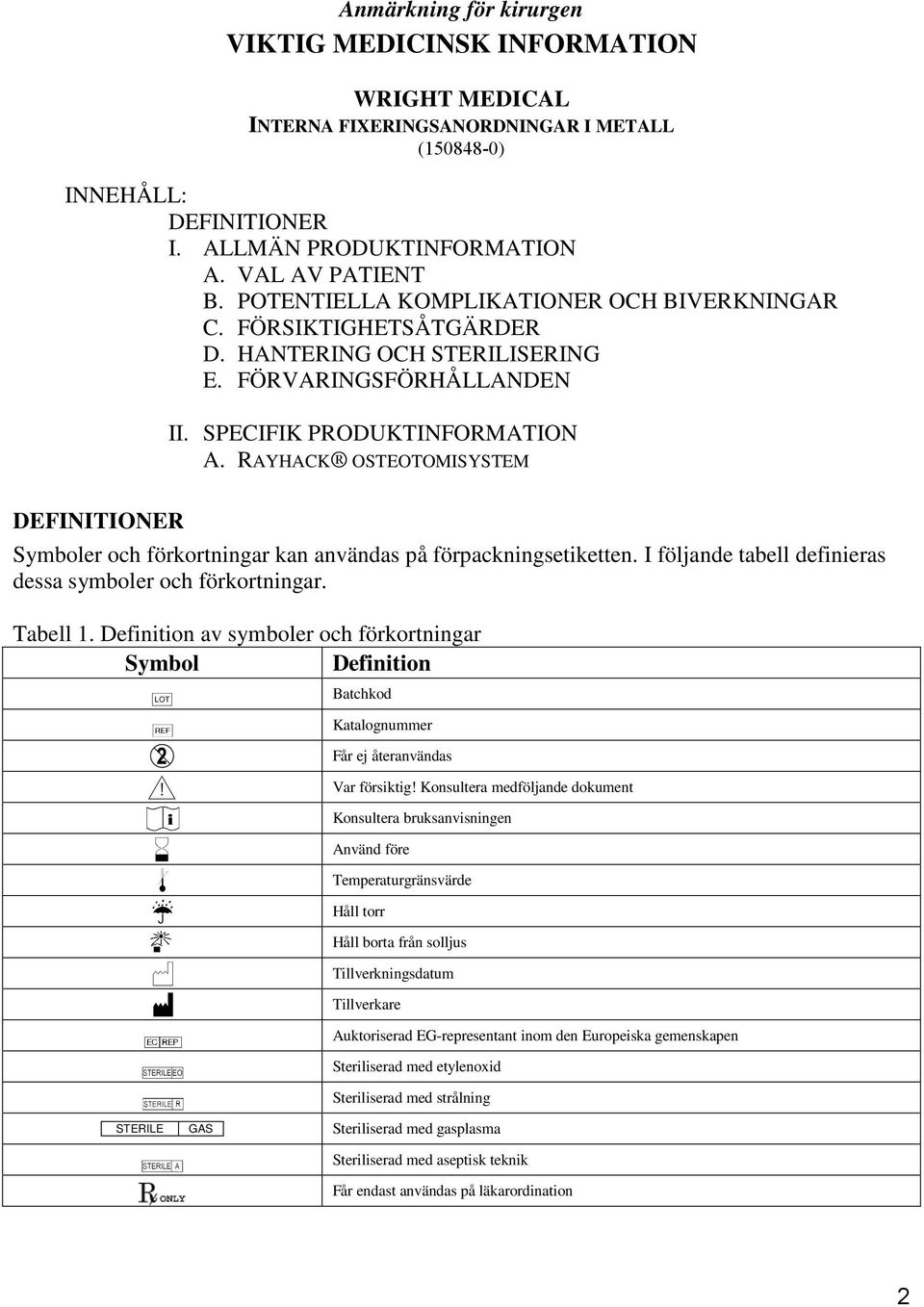 RAYHACK OSTEOTOMISYSTEM Symboler och förkortningar kan användas på förpackningsetiketten. I följande tabell definieras dessa symboler och förkortningar. Tabell 1.