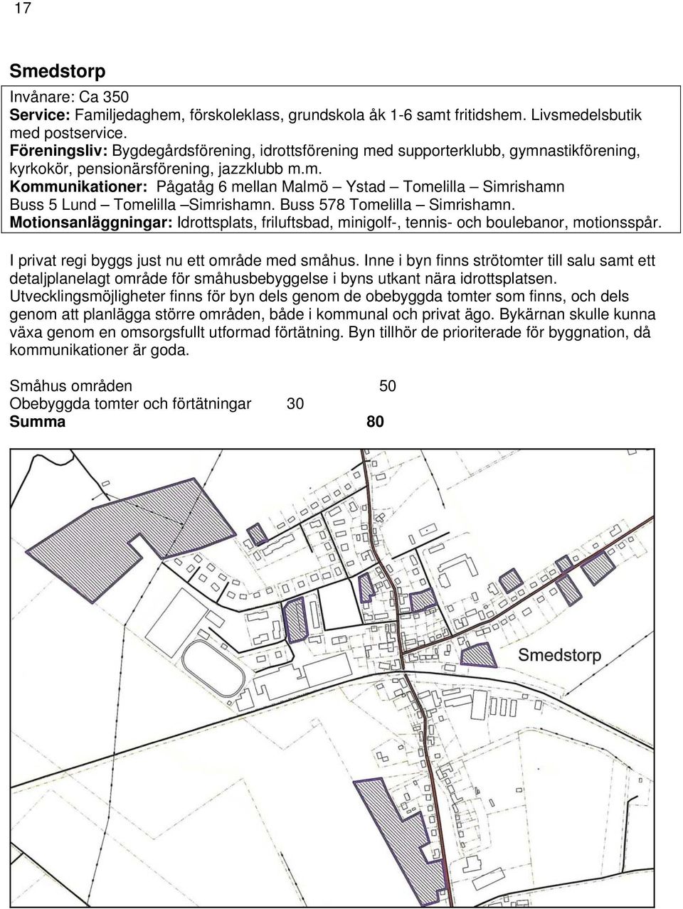 Buss 578 Tomelilla Simrishamn. Motionsanläggningar: Idrottsplats, friluftsbad, minigolf-, tennis- och boulebanor, motionsspår. I privat regi byggs just nu ett område med småhus.