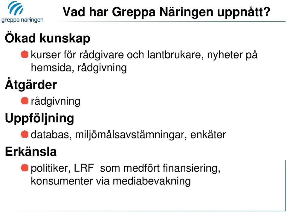rådgivning Åtgärder rådgivning Uppföljning Erkänsla databas,