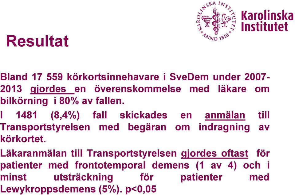 I 1481 (8,4%) fall skickades en anmälan till Transportstyrelsen med begäran om indragning av körkortet.