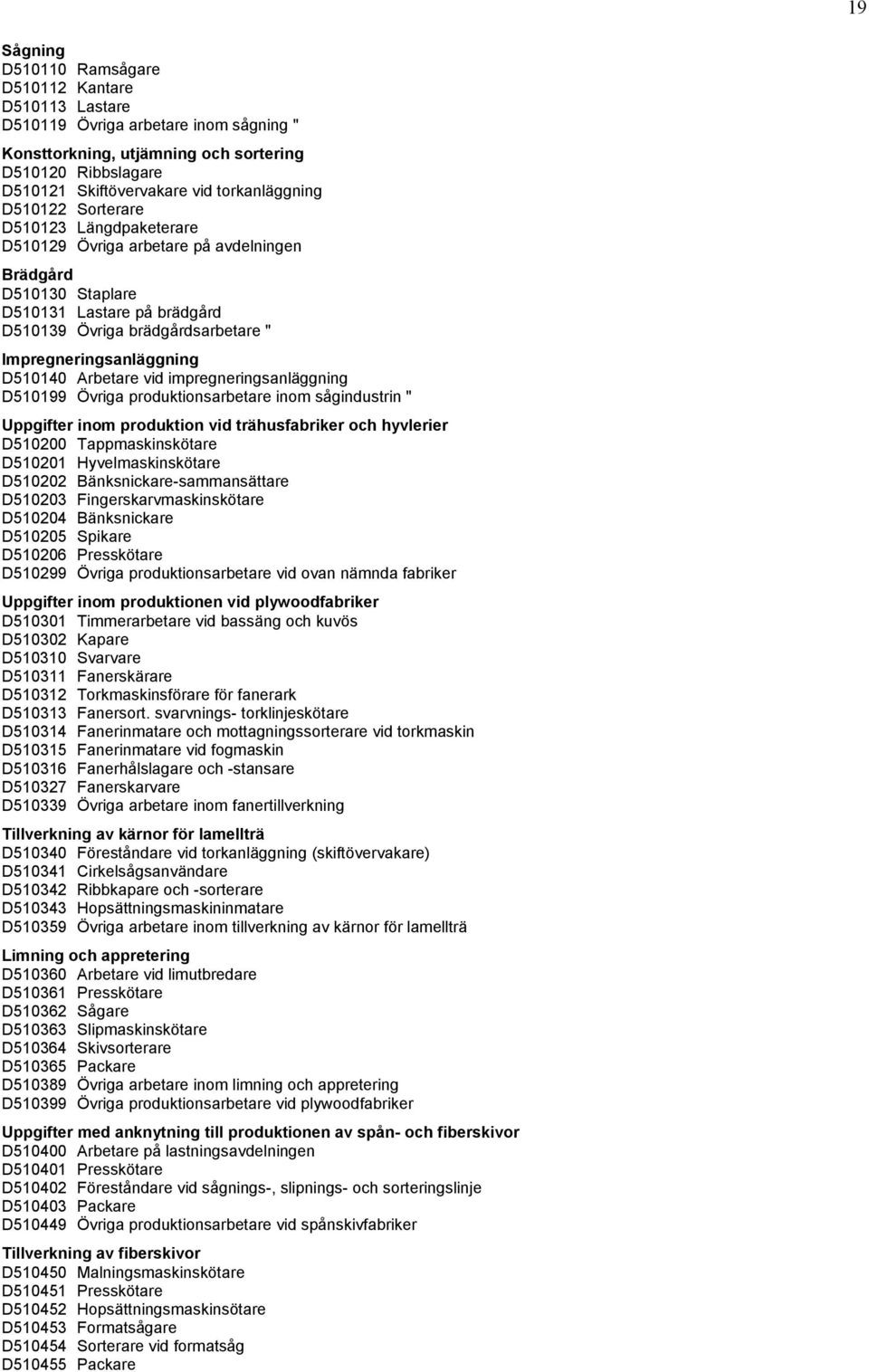 Impregneringsanläggning D510140 Arbetare vid impregneringsanläggning D510199 Övriga produktionsarbetare inom sågindustrin " Uppgifter inom produktion vid trähusfabriker och hyvlerier D510200