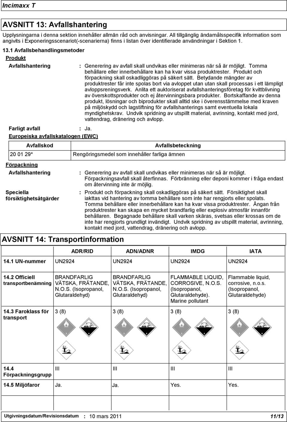 1 Avfallsbehandlingsmetoder Produkt Avfallshantering Farligt avfall : Generering av avfall skall undvikas eller minimeras när så är möjligt.