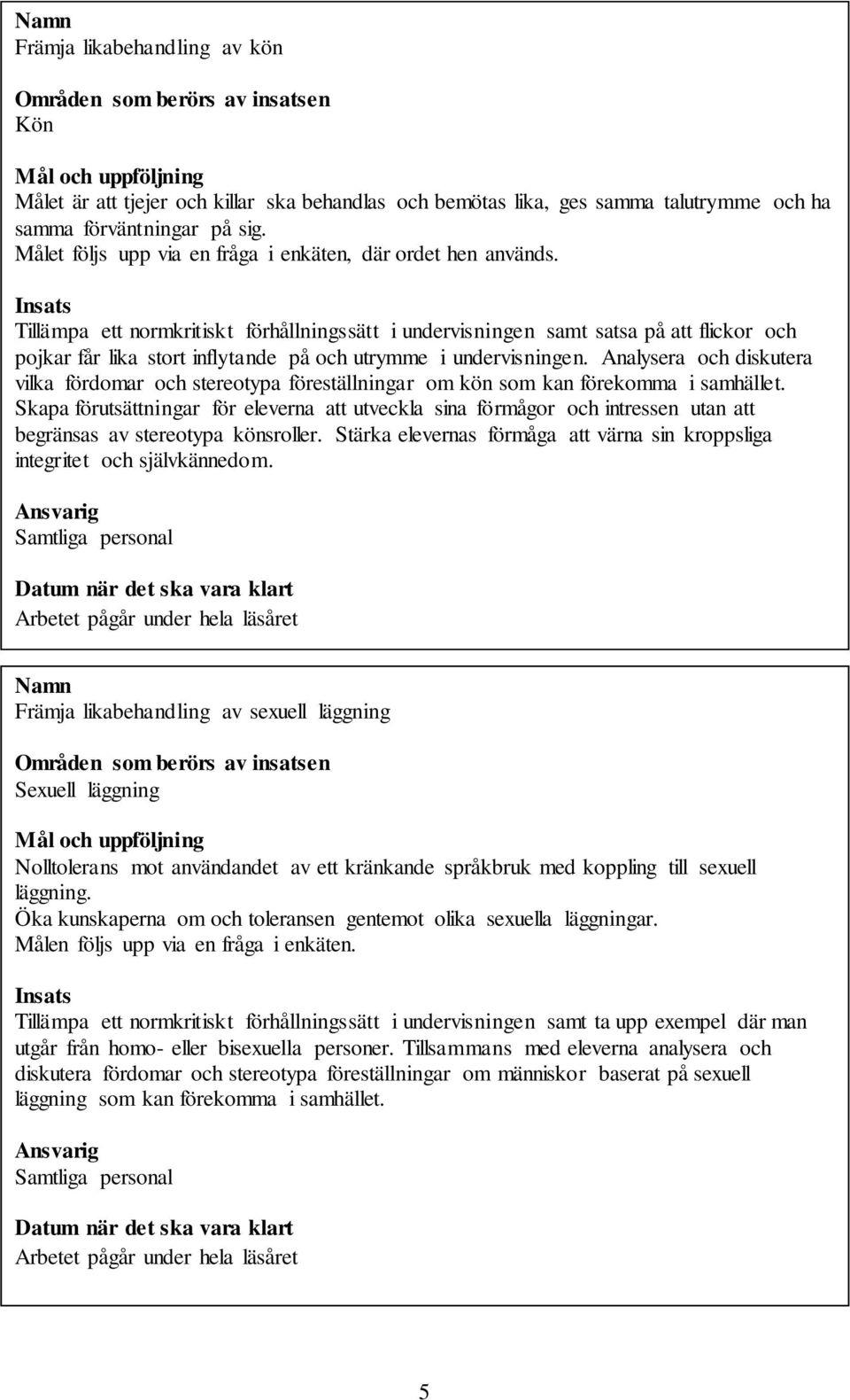 Insats Tillämpa ett normkritiskt förhållningssätt i undervisningen samt satsa på att flickor och pojkar får lika stort inflytande på och utrymme i undervisningen.