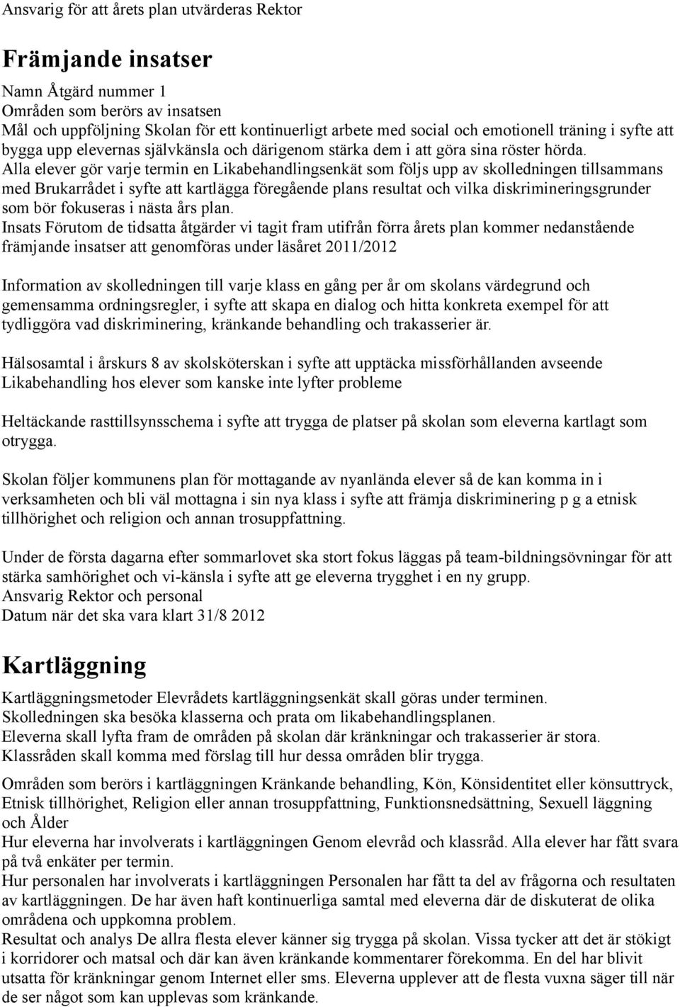 Alla elever gör varje termin en Likabehandlingsenkät som följs upp av skolledningen tillsammans med Brukarrådet i syfte att kartlägga föregående plans resultat och vilka diskrimineringsgrunder som