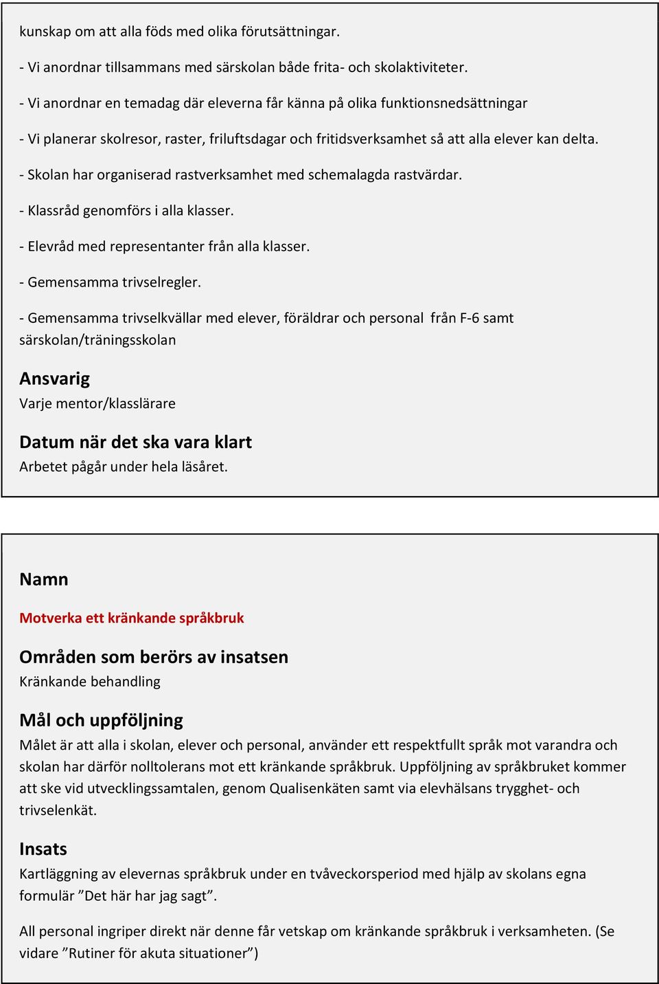 - Skolan har organiserad rastverksamhet med schemalagda rastvärdar. - Klassråd genomförs i alla klasser. - Elevråd med representanter från alla klasser. - Gemensamma trivselregler.