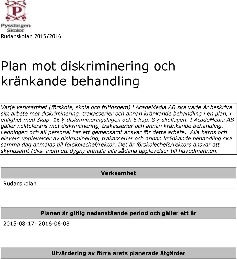 I AcadeMedia AB gäller nolltolerans mot diskriminering, trakasserier och annan kränkande behandling. Ledningen och all personal har ett gemensamt ansvar för detta arbete.