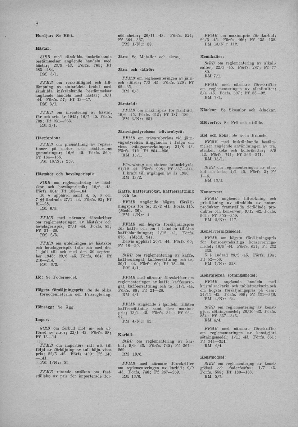 FFMB om inventering av hästar, f&r och svin år 1945; 16/7-45. Förfs. 709; Ff 231 233. EM 3/1. Ff 364 367. PM 1/N:r 58. Järn: Se Metaller och skrot.