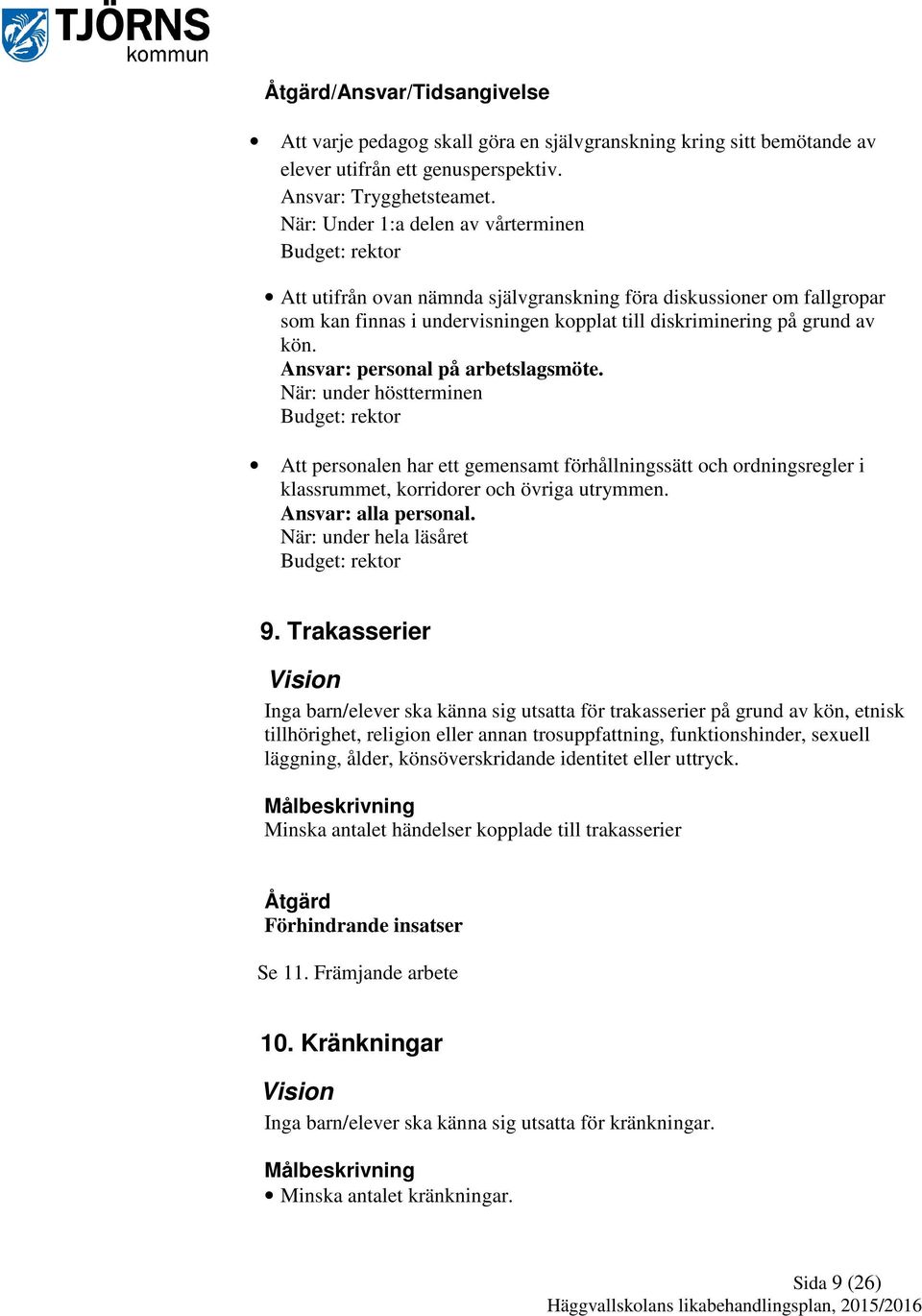 Ansvar: personal på arbetslagsmöte. När: under höstterminen Budget: rektor Att personalen har ett gemensamt förhållningssätt och ordningsregler i klassrummet, korridorer och övriga utrymmen.