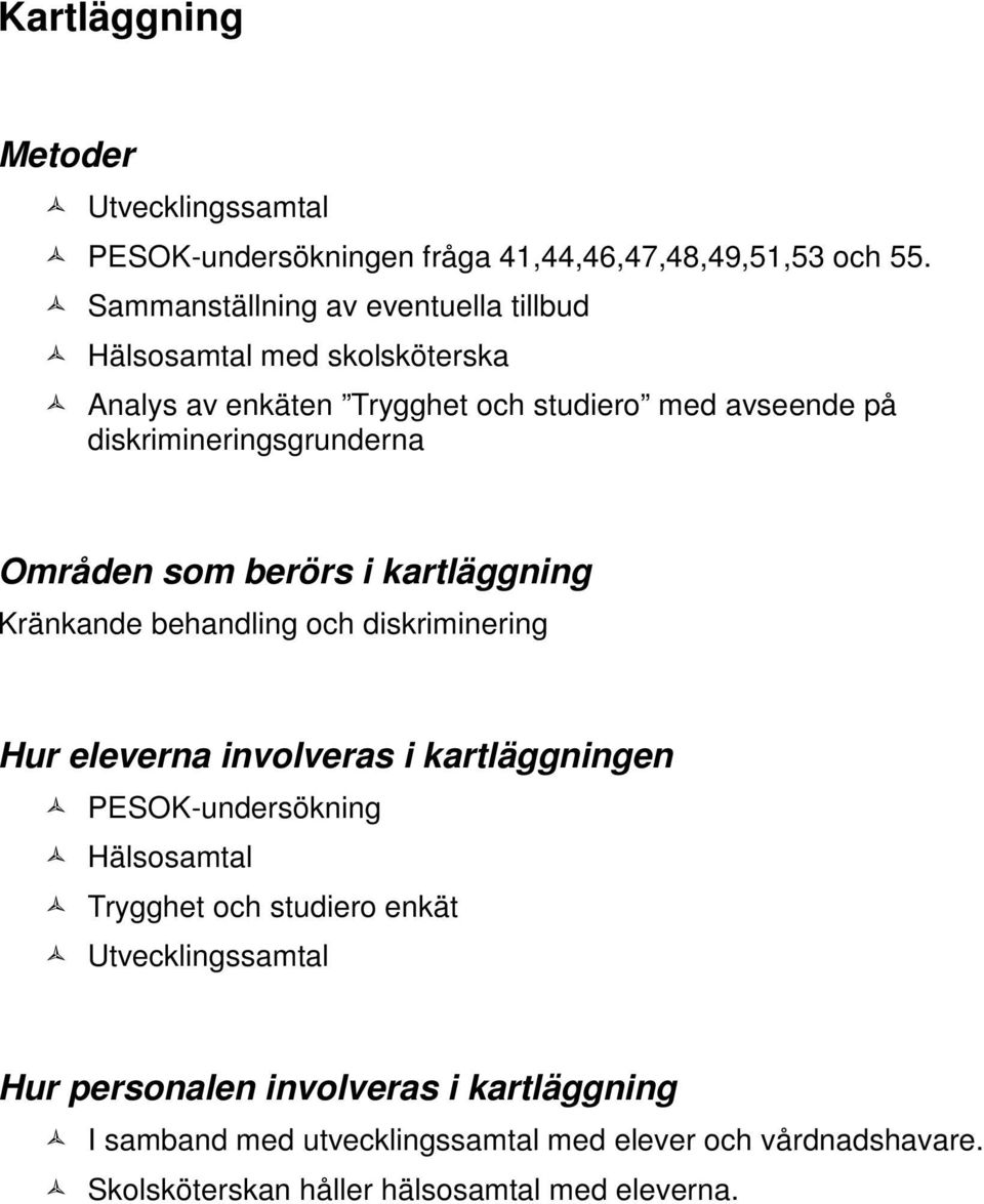 diskrimineringsgrunderna Områden som berörs i kartläggning Kränkande behandling och diskriminering Hur eleverna involveras i kartläggningen