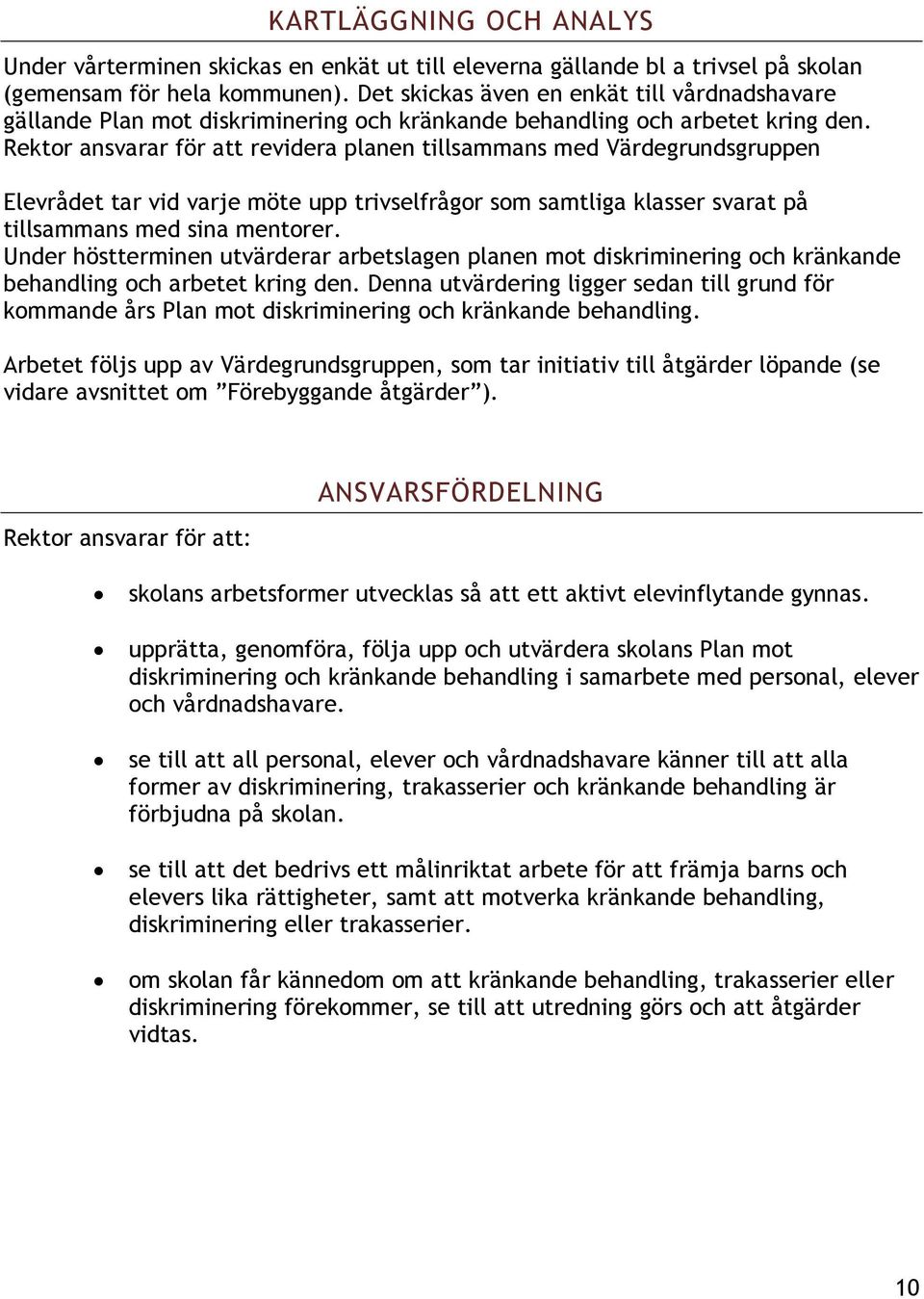 Rektor ansvarar för att revidera planen tillsammans med Värdegrundsgruppen Elevrådet tar vid varje möte upp trivselfrågor som samtliga klasser svarat på tillsammans med sina mentorer.