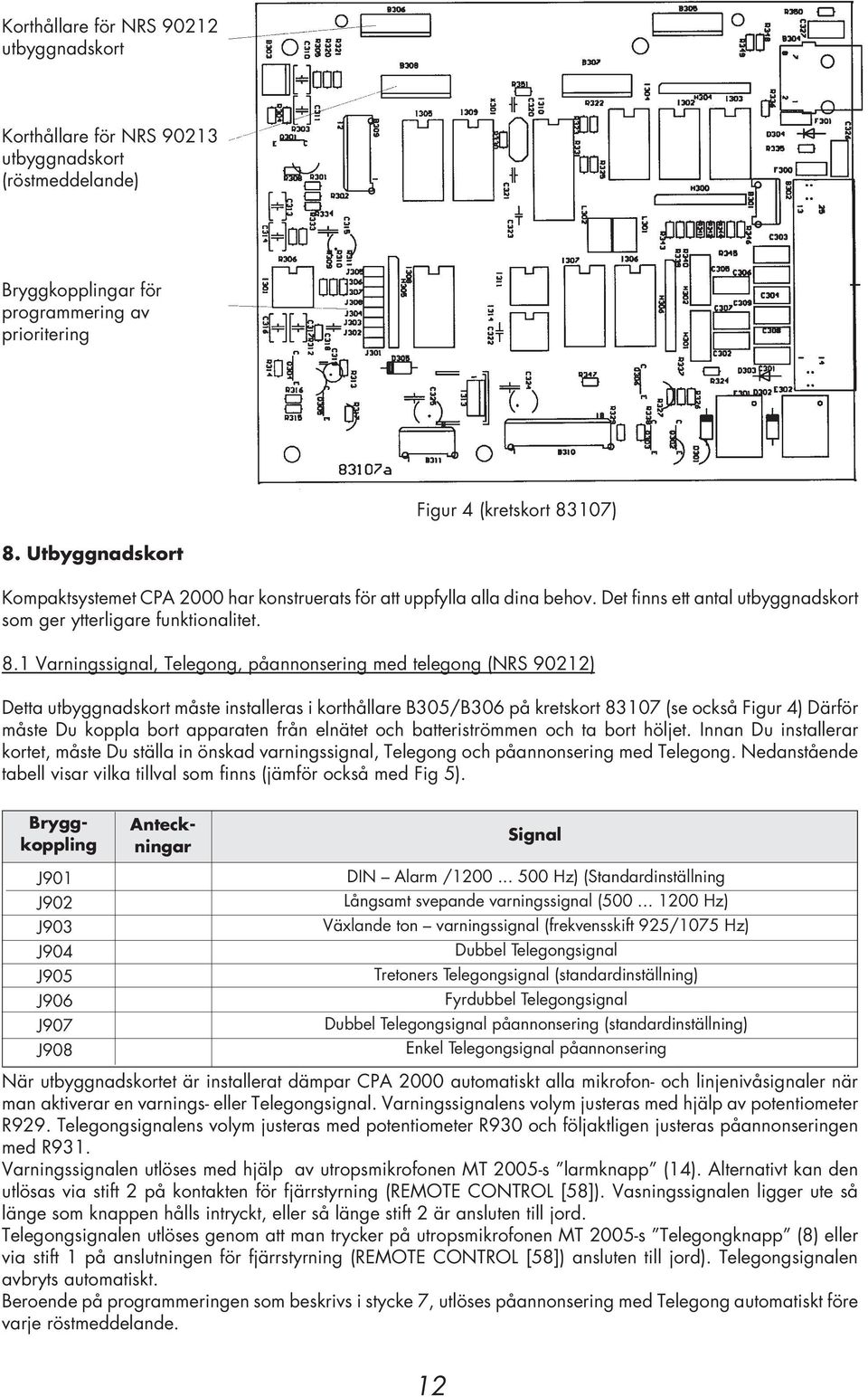 1 Varningssignal, Telegong, påannonsering med telegong (NRS 90212) Detta utbyggnadskort måste installeras i korthållare B305/B306 på kretskort 83107 (se också Figur 4) Därför måste Du koppla bort