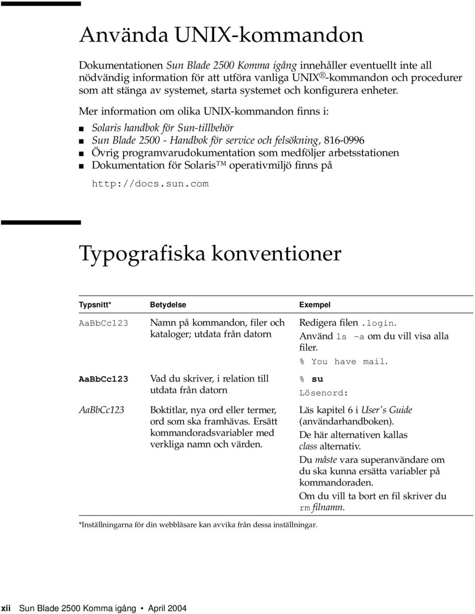 Mer information om olika UNIX-kommandon finns i: Solaris handbok för Sun-tillbehör Sun Blade 2500 - Handbok för service och felsökning, 816-0996 Övrig programvarudokumentation som medföljer
