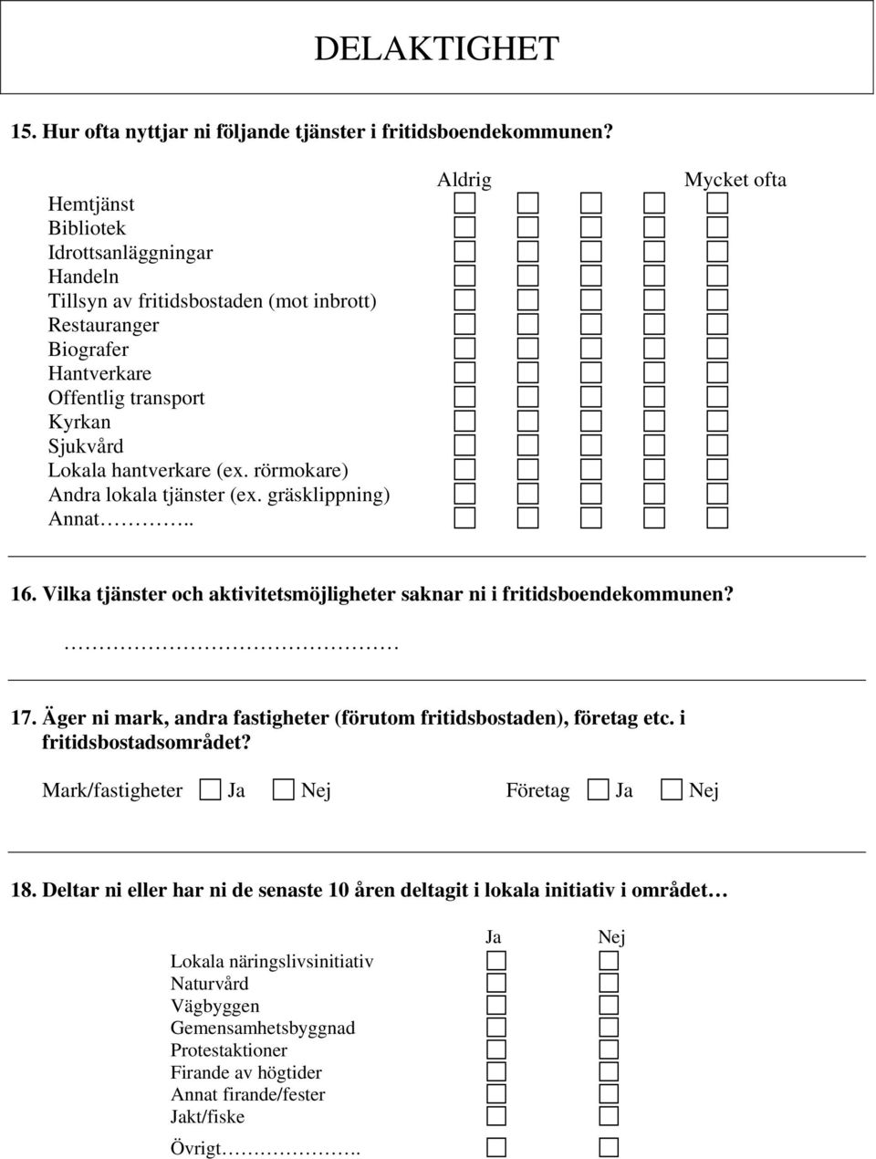 rörmokare) Andra lokala tjänster (ex. gräsklippning) Annat.. Aldrig Mycket ofta 16. Vilka tjänster och aktivitetsmöjligheter saknar ni i fritidsboendekommunen? 17.