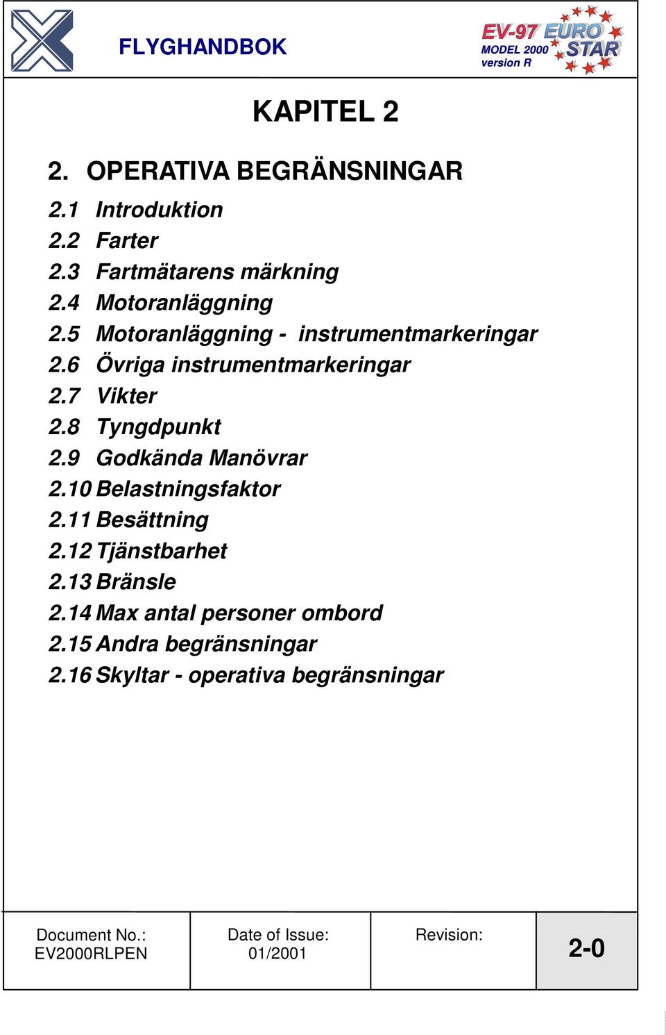 7 Vikter 2.8 Tyngdpunkt 2.9 Godkända Manövrar 2.10 Belastningsfaktor 2.11 Besättning 2.